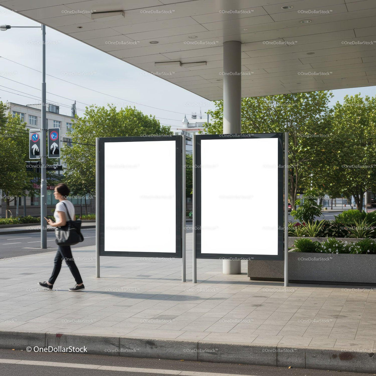 Woman walking past blank urban advertising billboards JPG Mockup Image preview