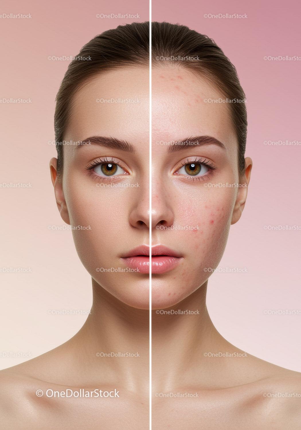 Close-up of a Young Woman's Face Showing Clear Skin and Acne Treatment