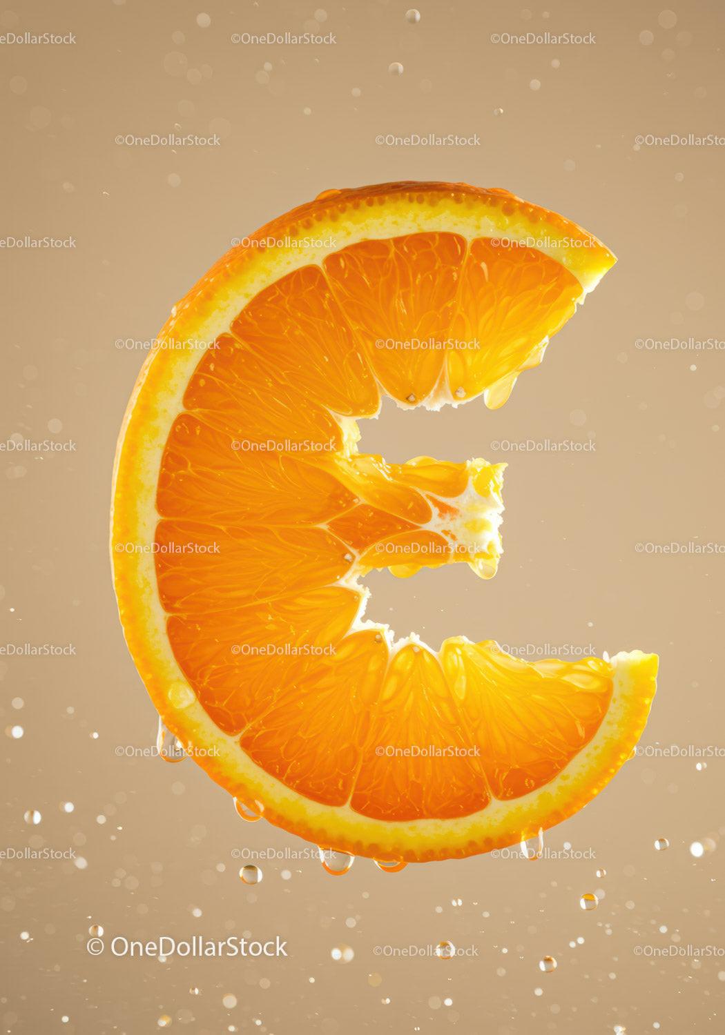 Close up of fresh orange slice with juice droplets