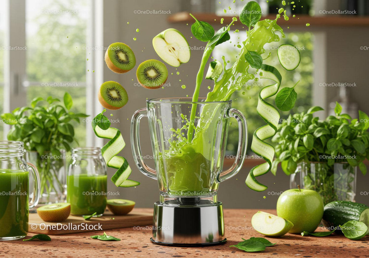 Fresh Green Smoothie Ingredients Splashing into Blender
