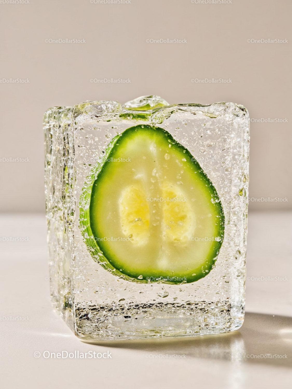 Fresh cucumber slice frozen inside crystal clear ice cube