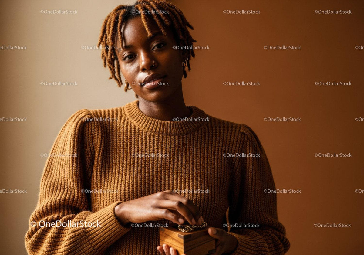 Confident Woman Wearing Cozy Brown Sweater Holding Wooden Box