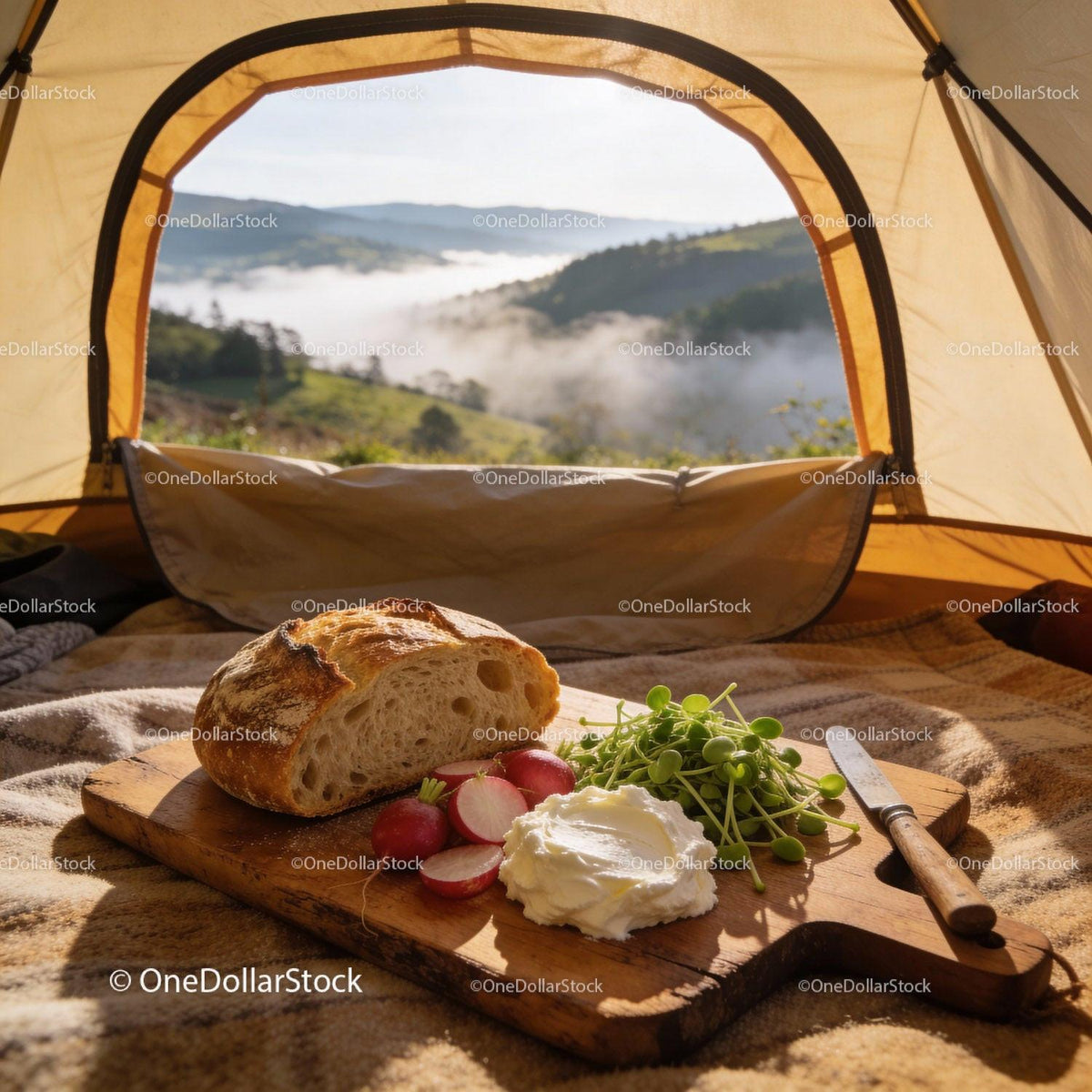 Fresh bread with radishes and cream in mountain tent
