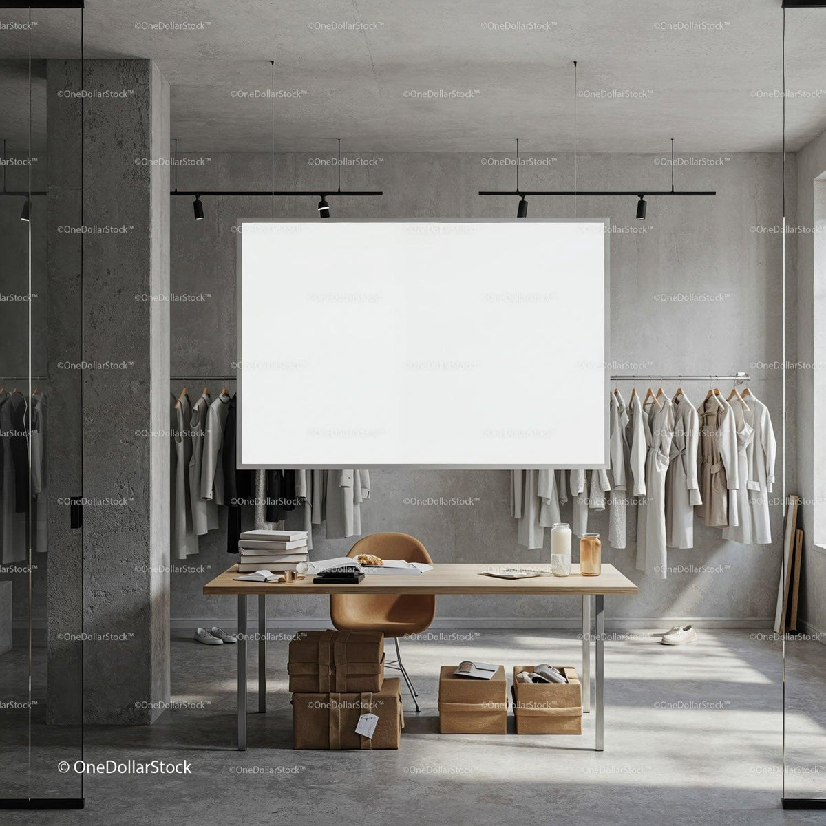 Minimalist fashion showroom with neutral clothing display JPG Mockup Image preview