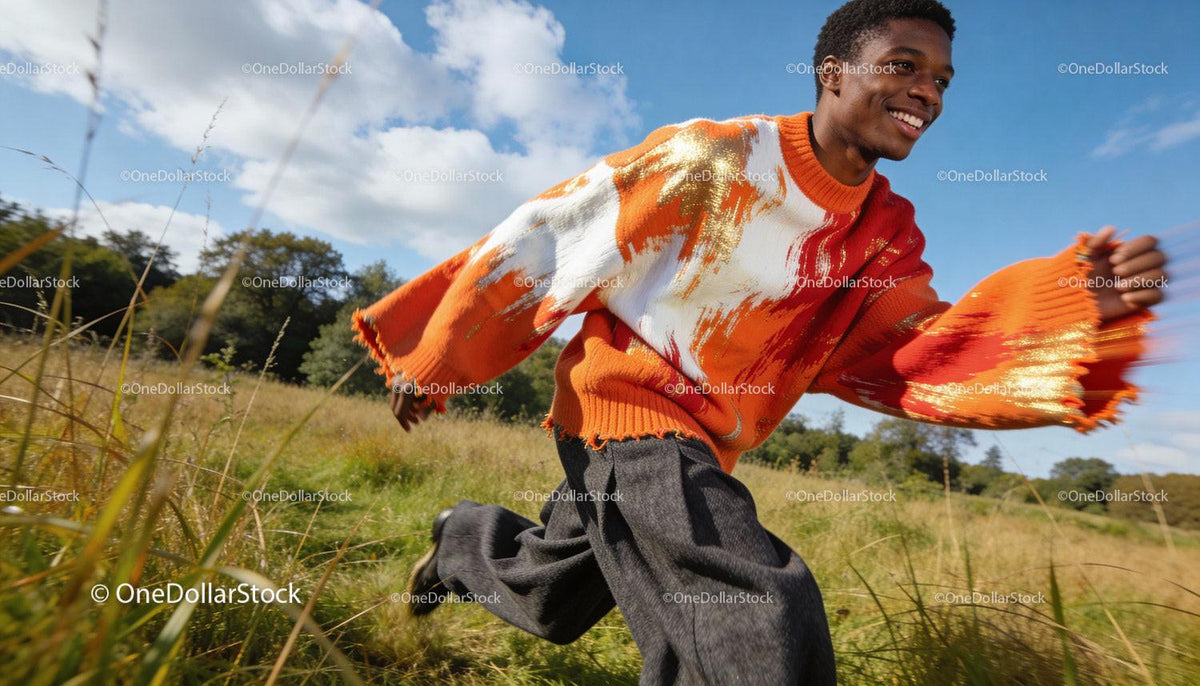 Young man enjoying outdoors in colorful knit sweater