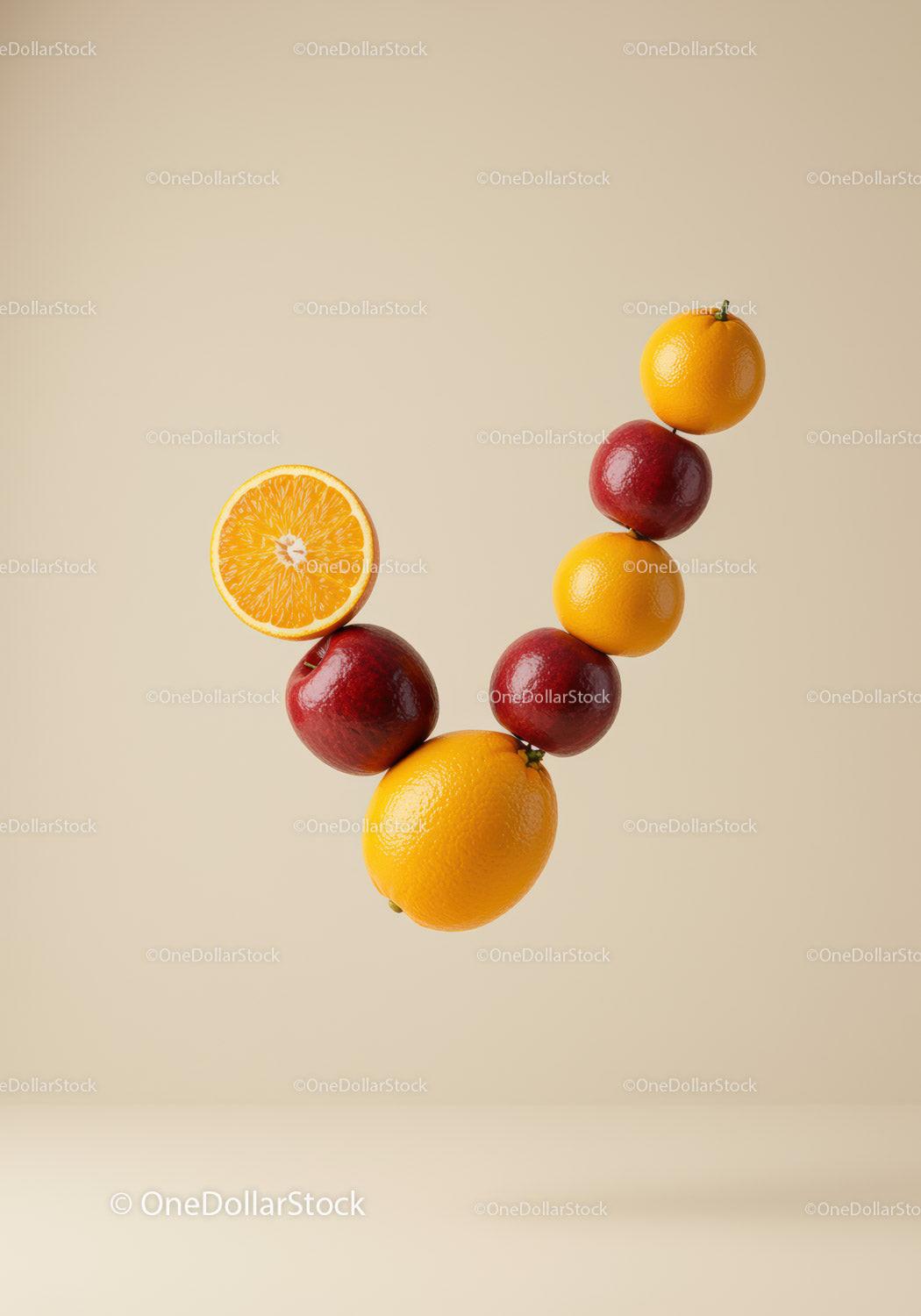 Creative arrangement of fresh oranges and red apples