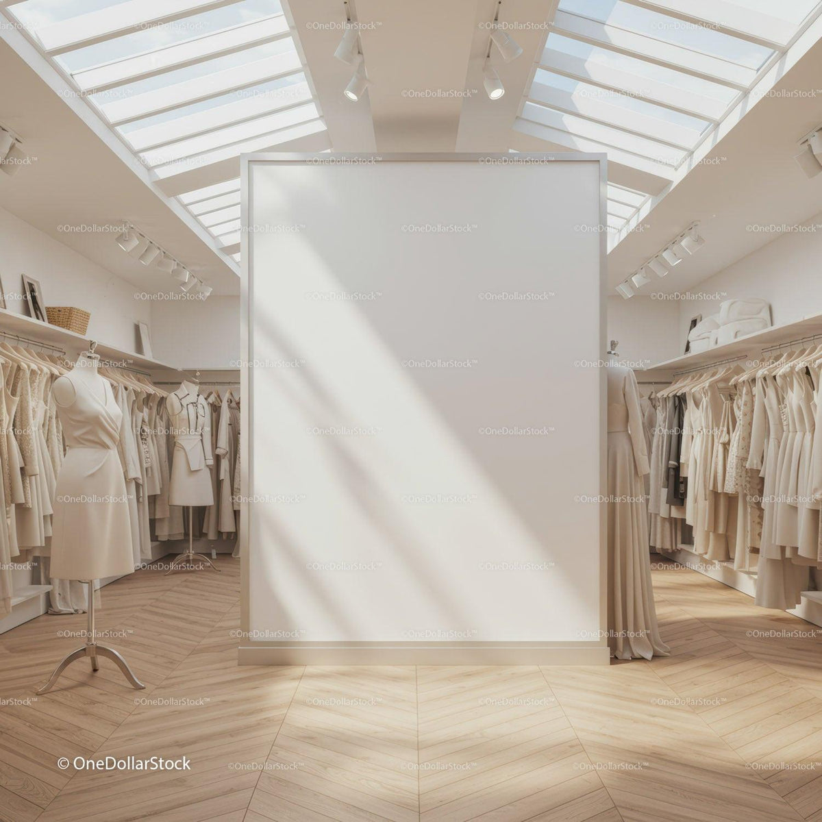 Bright boutique interior with neutral tone fashion dress display JPG Mockup Image preview