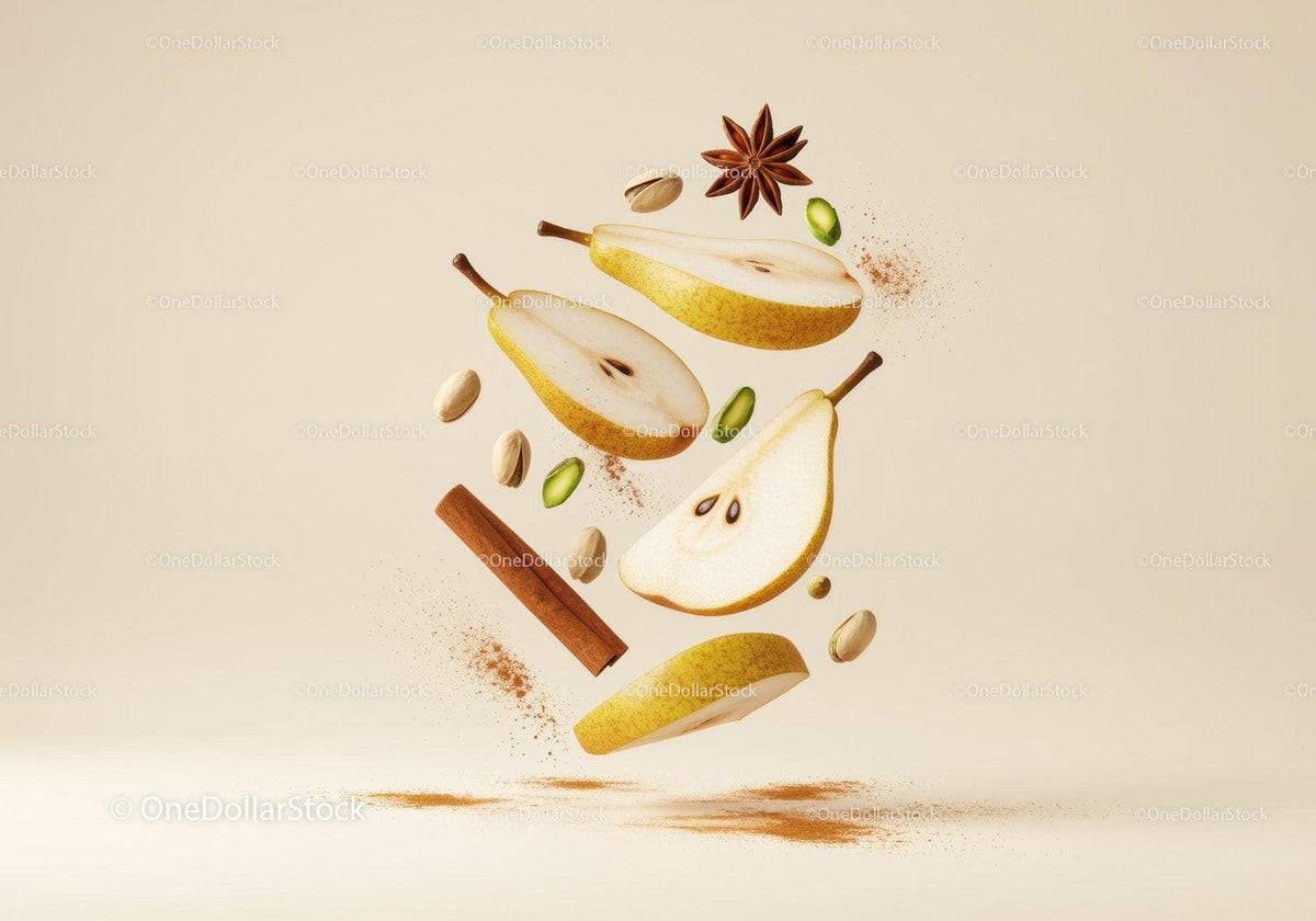 Floating sliced pears with spices and nuts on beige
