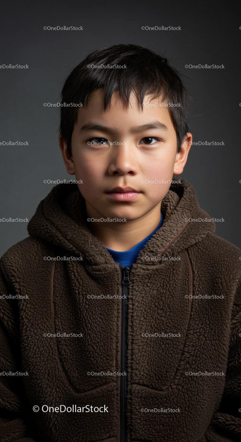 Young Boy in Brown Fleece Jacket Portrait with Neutral Expression