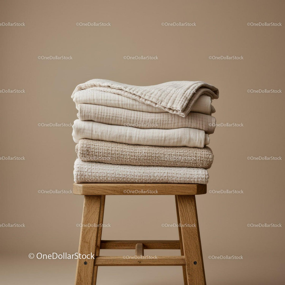 Stack of Soft Beige Textured Blankets on Wooden Stool