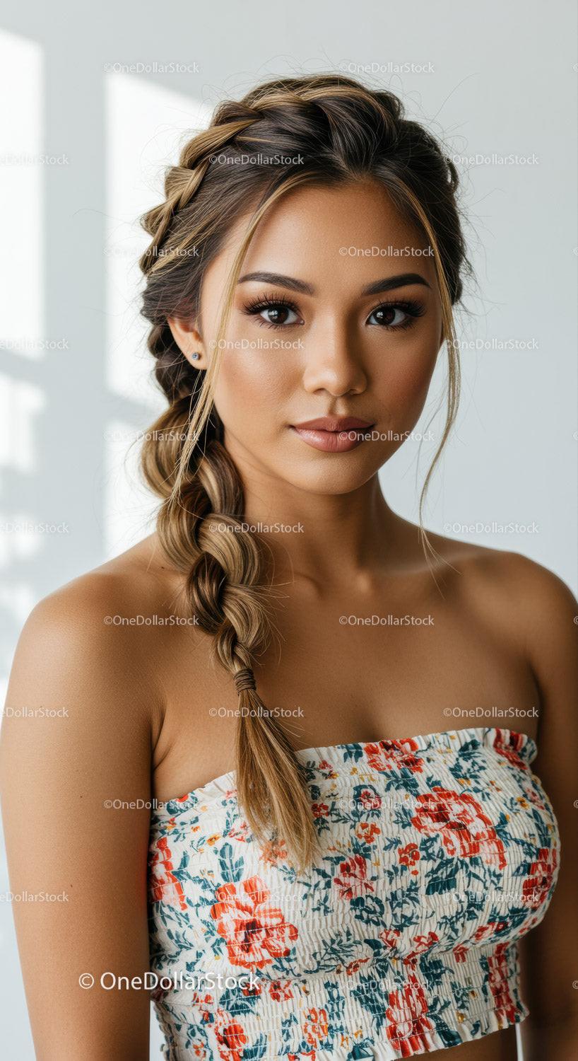 Elegant Woman with Braid Hairstyle Wearing Floral Summer Dress