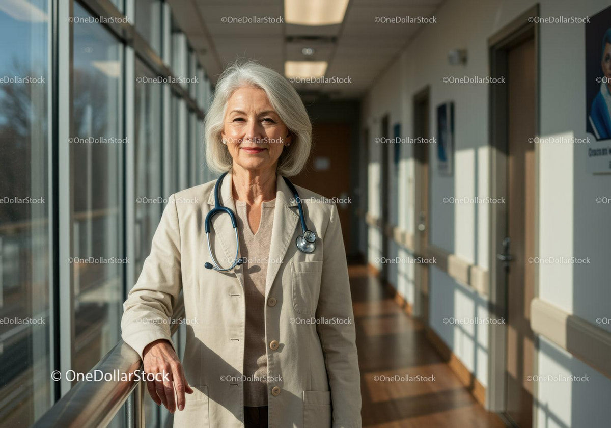 Senior Female Doctor with Stethoscope in Bright Hospital Corridor
