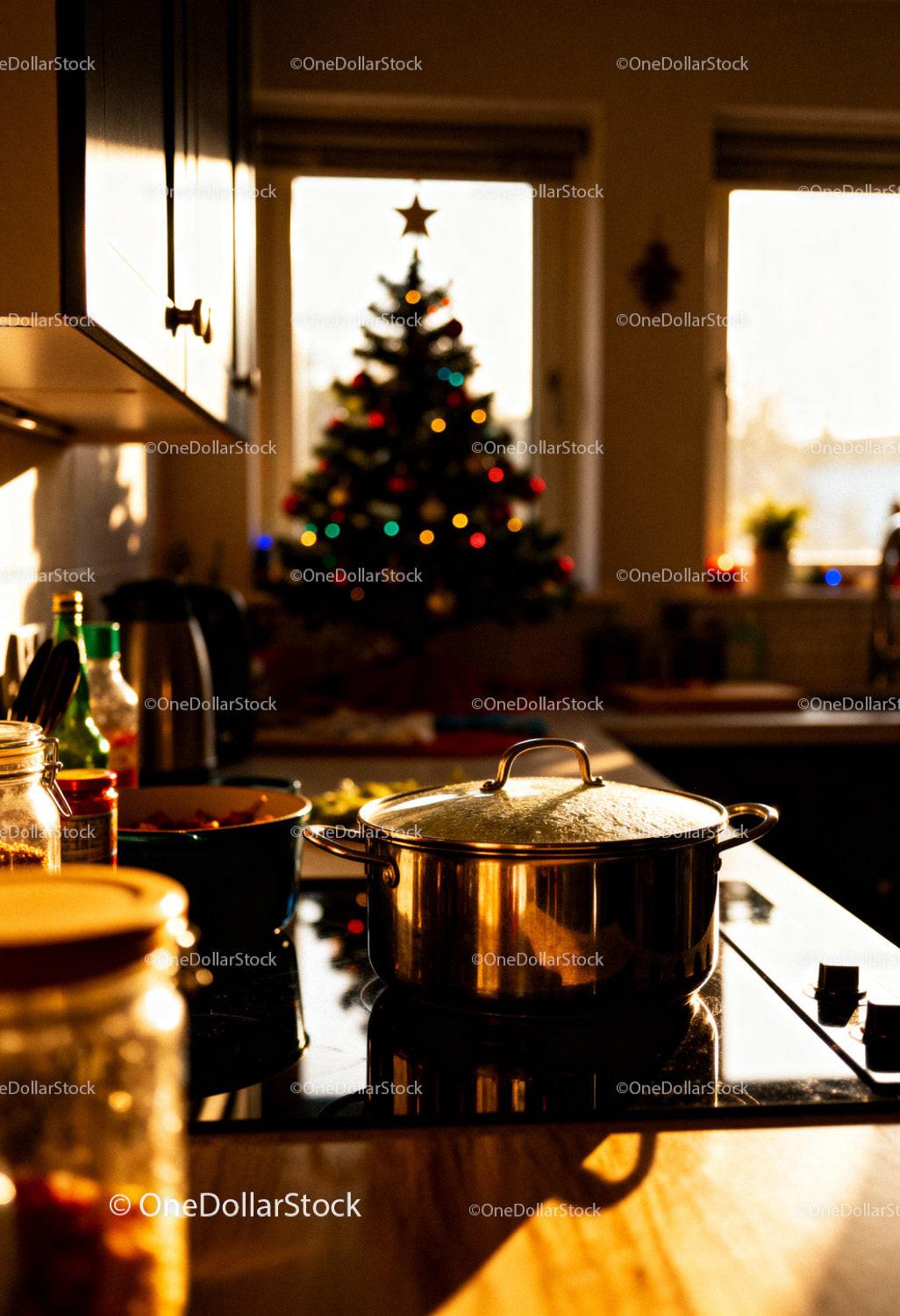 Cozy kitchen with steaming pot and Christmas tree glow