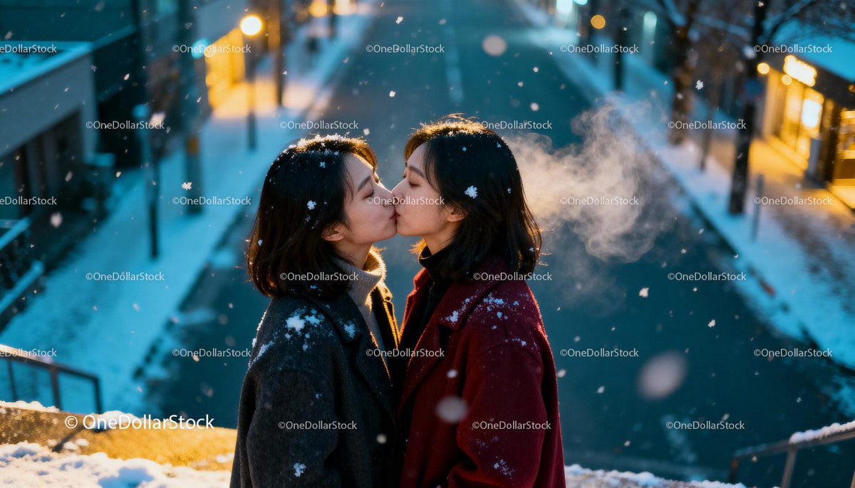 Couple sharing a tender kiss during snowy winter evening