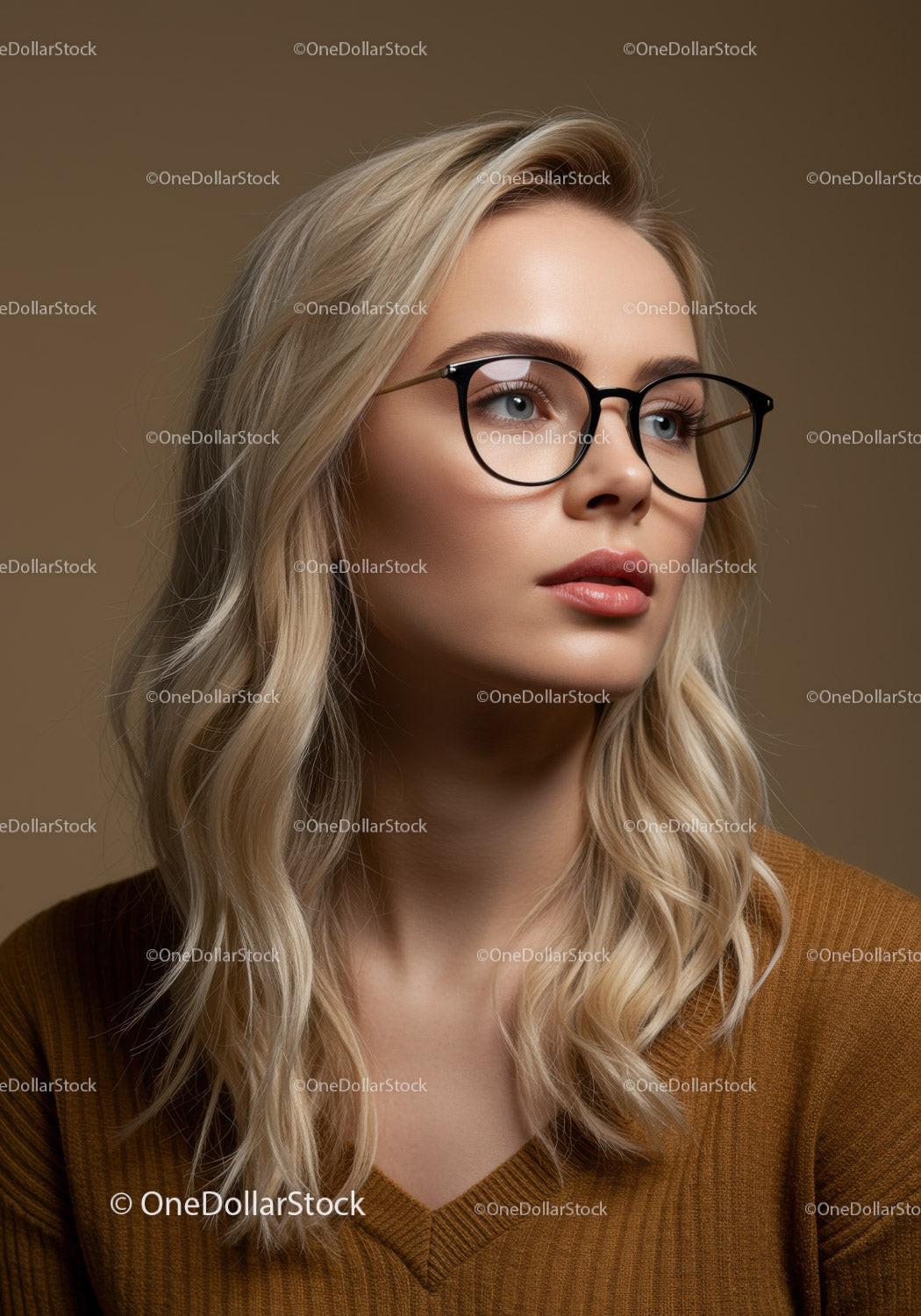 Stylish Blonde Woman Wearing Glasses Portrait in Modern Indoor Setting