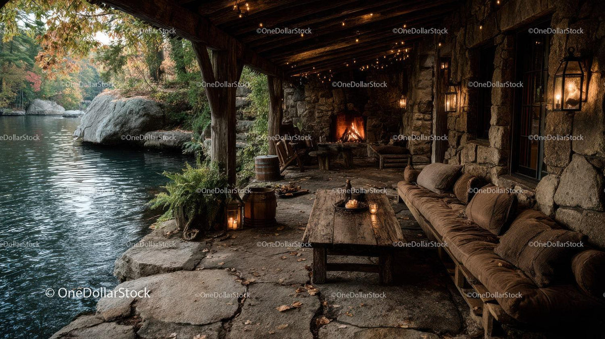Rustic Riverside Cabin with Stone Fireplace Surrounded by Autumn Foliage Stock Photo Bundle preview 24