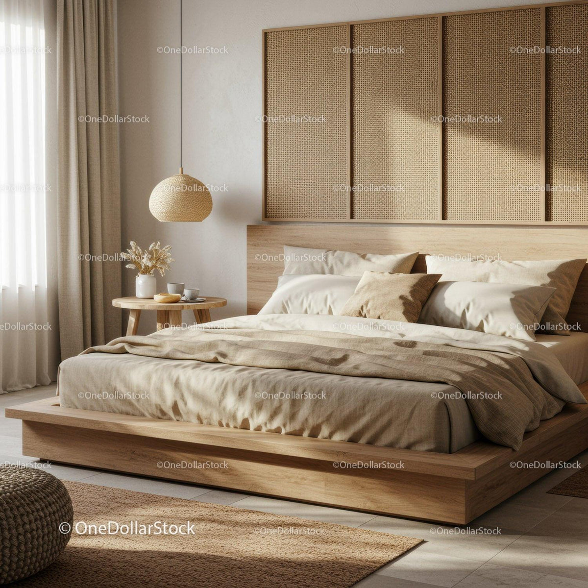 Minimalist bedroom with natural textures and soft light