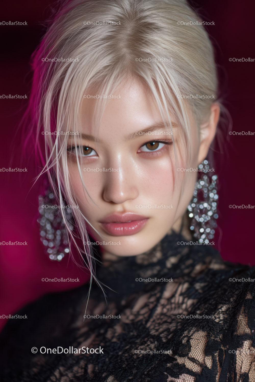 Glamorous Young Woman with Platinum Hair and Sparkling Earrings