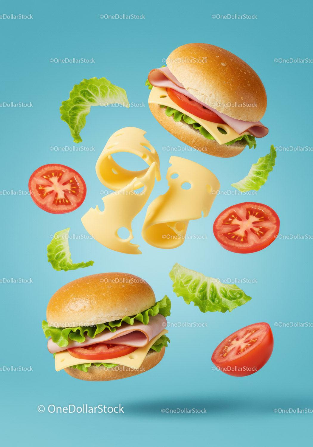 Fresh ham and cheese sandwiches with vibrant vegetables