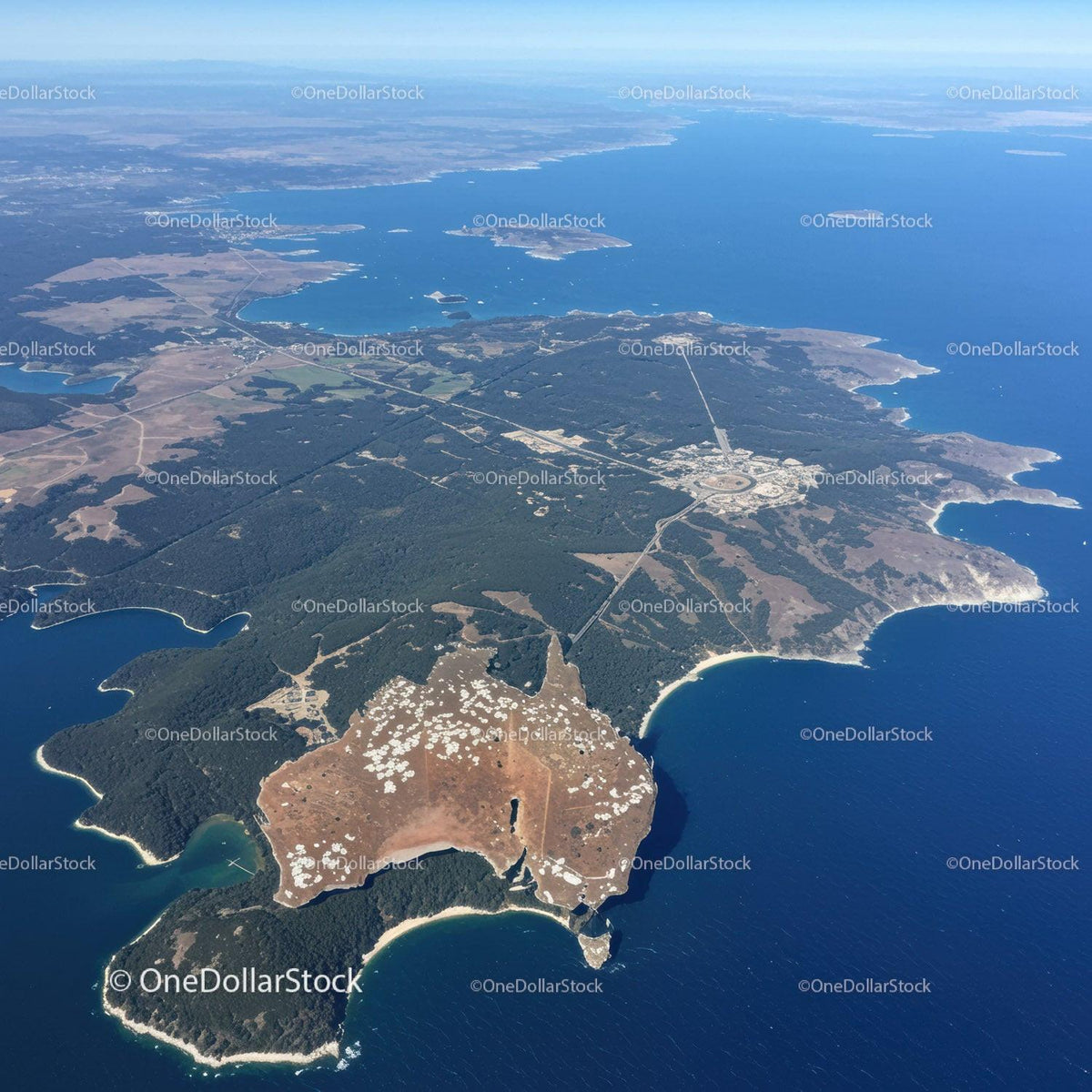 Breathtaking Aerial View of Coastal Island with Lush Greenery and Blue Waters