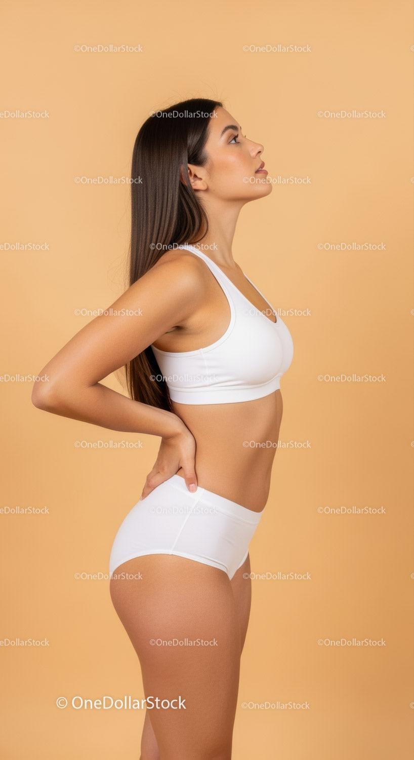 Elegant Woman in White Sportswear Standing in Profile Against Peach Background