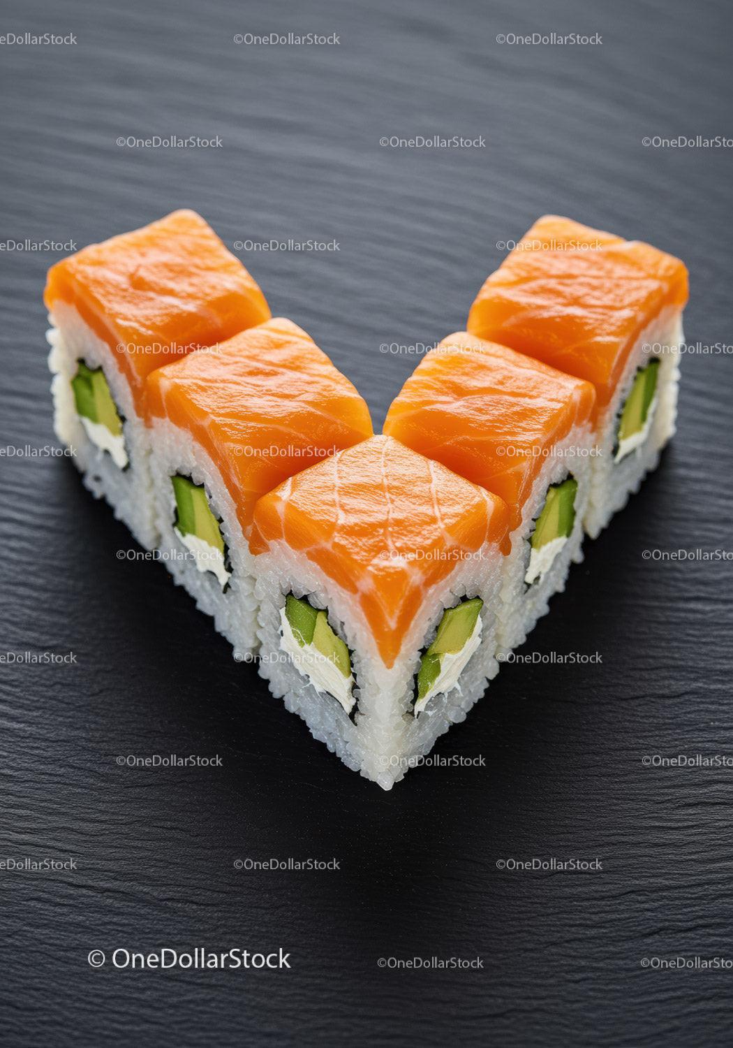 Fresh salmon sushi rolls arranged in a heart shape