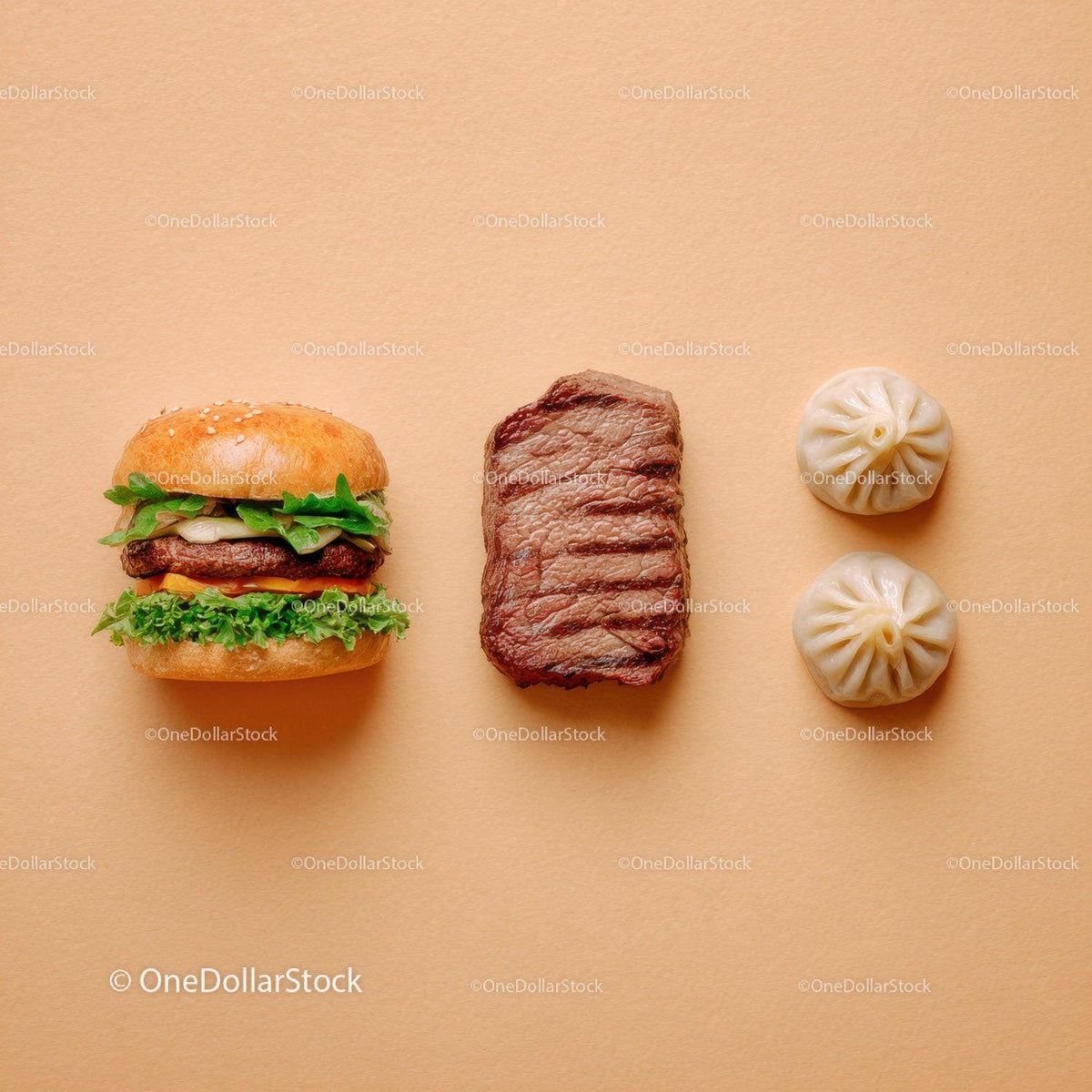 Gourmet Burger with Lettuce and Tomato Next to Grilled Steak and Dumpling Stock Photo Bundle preview 15