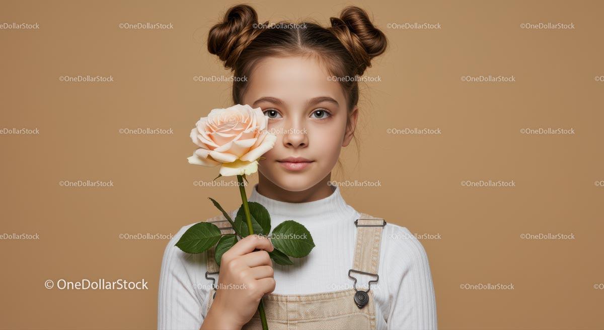 Young Girl Holding Pink Rose Portrait with Blonde Hair in Buns
