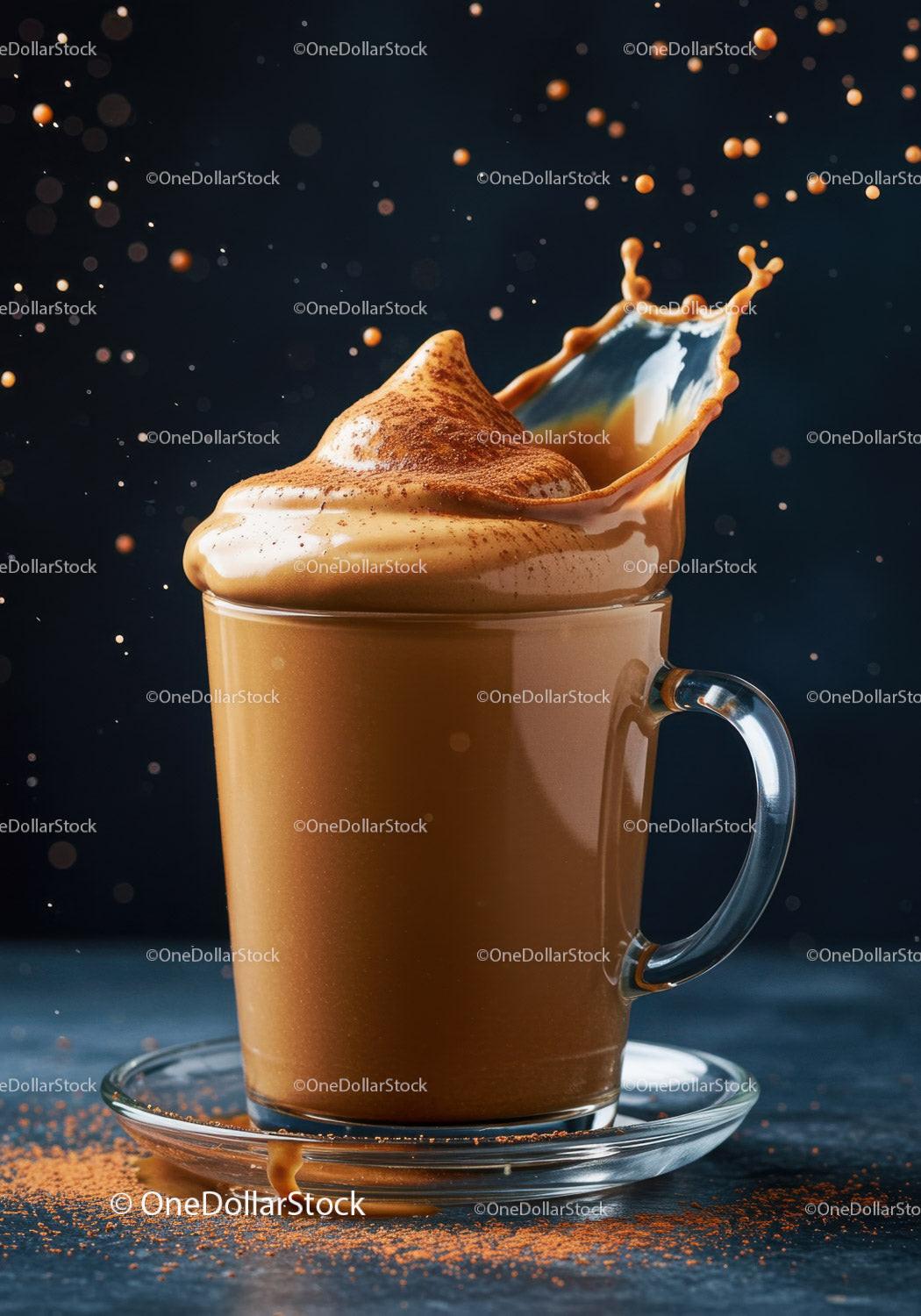 Creamy whipped coffee splash in clear glass cup
