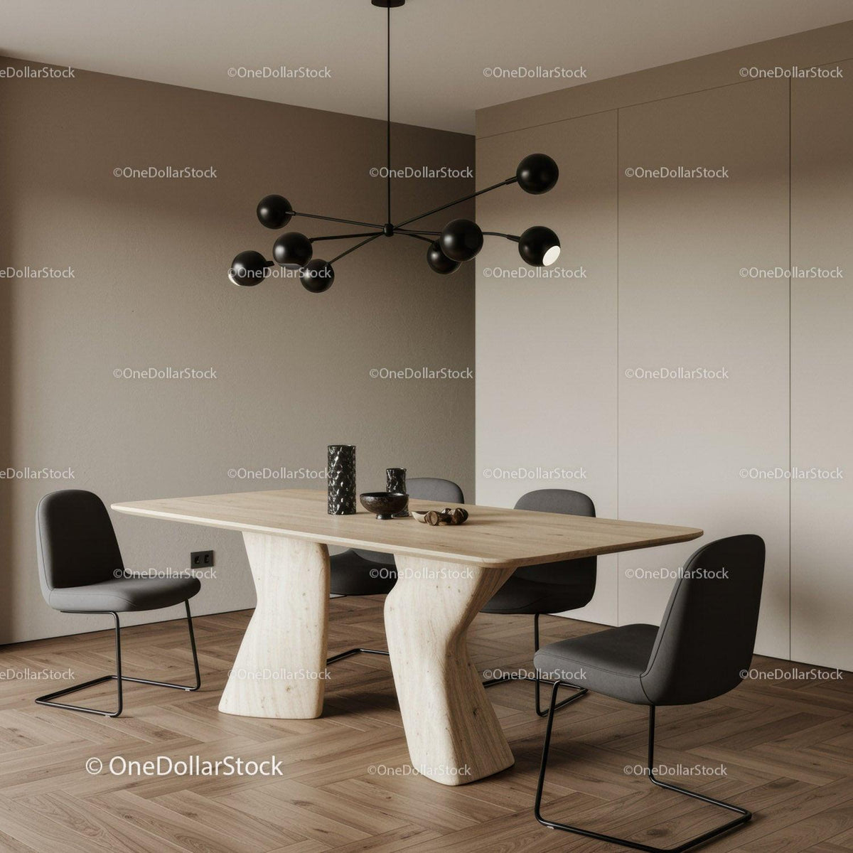 Minimalist Wooden Dining Table with Black Chairs and Modern Chandelier