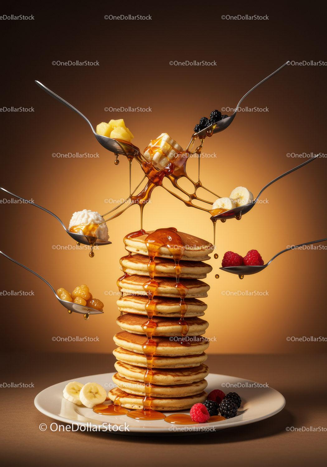 Stack of fluffy pancakes topped with dripping syrup and fruits