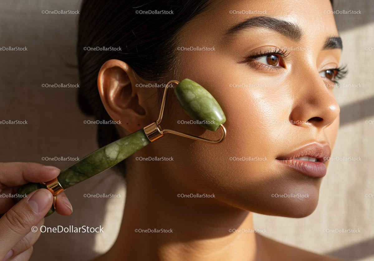 Close-up of Woman with Jade Roller for Skin Rejuvenation and Beauty