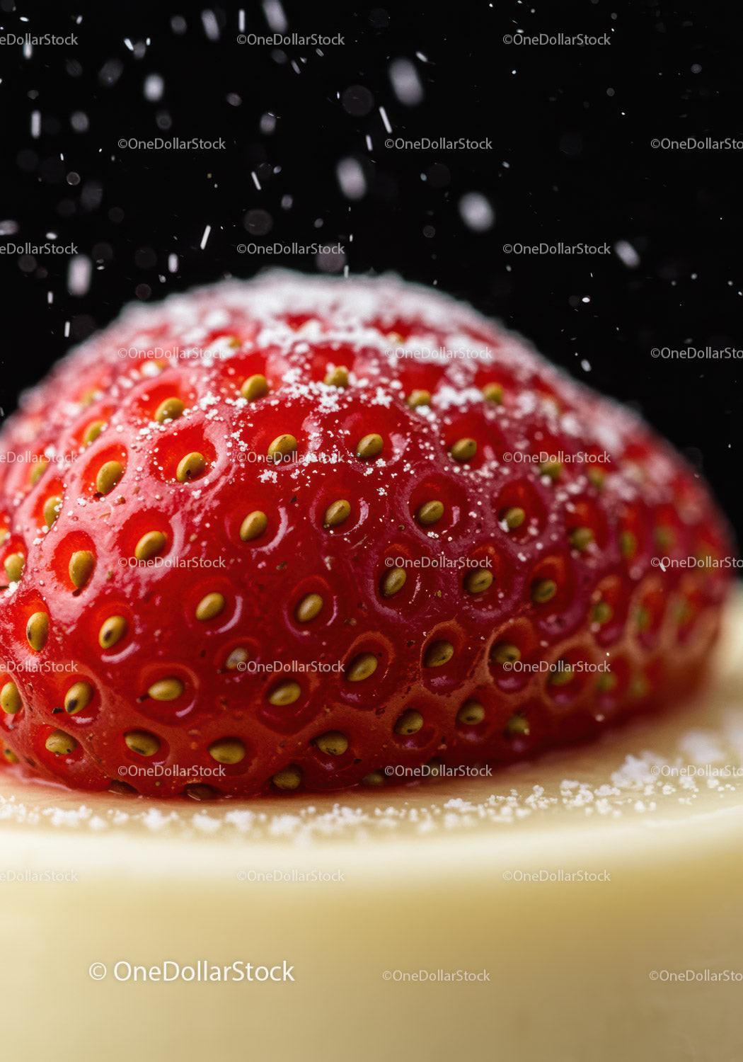 Fresh strawberry dusted with powdered sugar close up