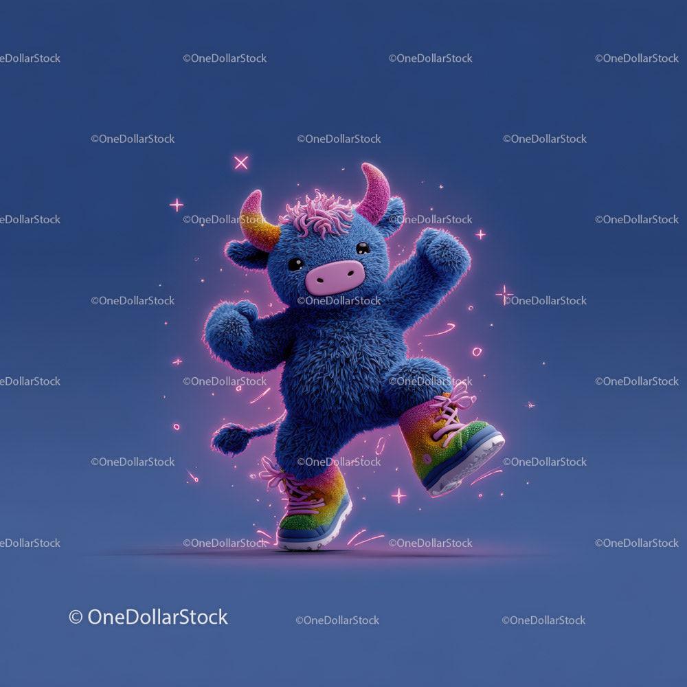 Fluffy blue bull character with pink hair and colorful sneakers against blue background