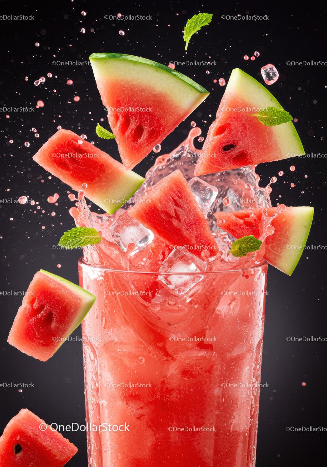 Refreshing watermelon slices splashing into vibrant drink