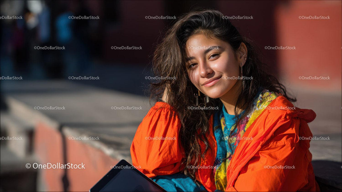 Young Woman Using Digital Tablet Outdoors in Casual Fashion