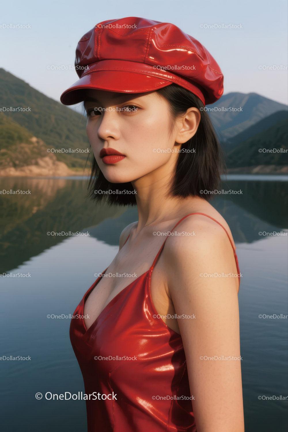 Fashionable Woman in Red Leather Dress by Lake with Mountain Background Stock Photo Bundle preview 5