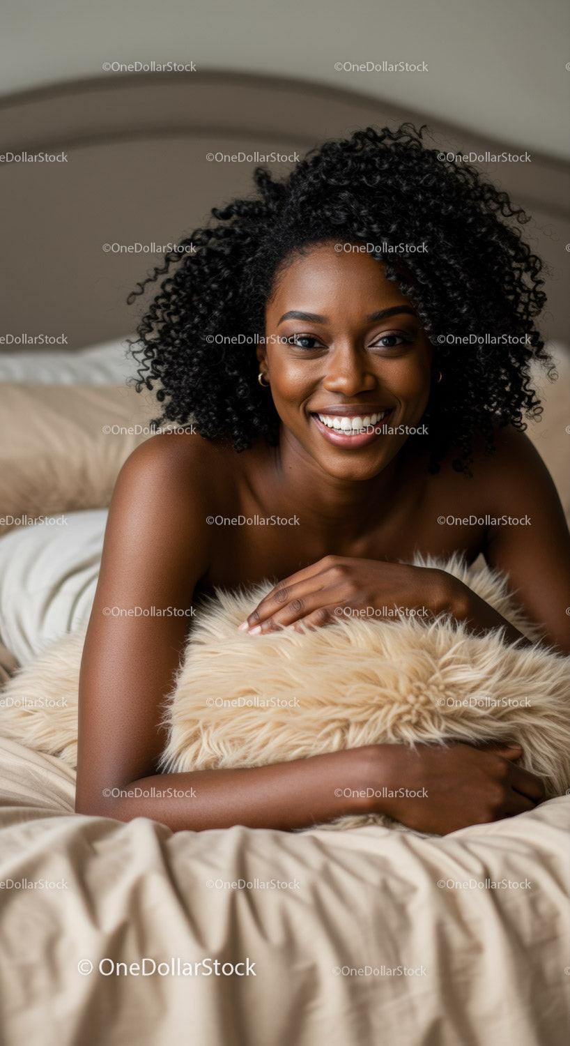 Smiling woman relaxing on bed with soft pillow