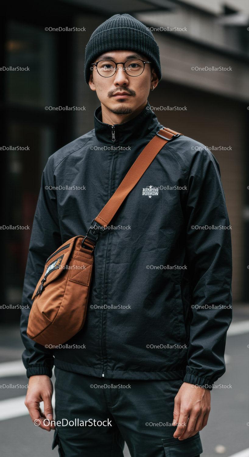 Casual Young Man in Black Jacket and Beanie in City Street