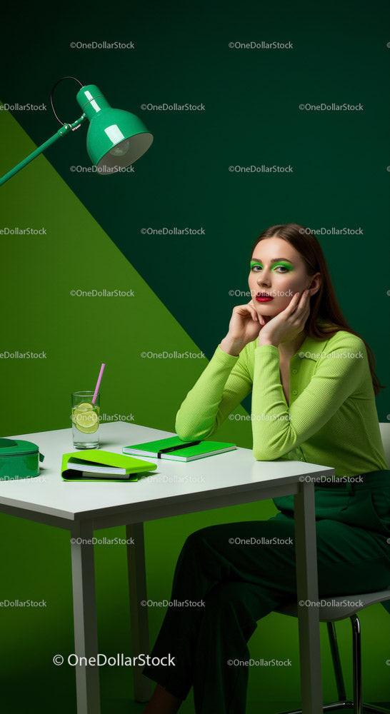 Stylish Woman in Green with Refreshing Drink in Modern Workspace Stock Photo Bundle preview