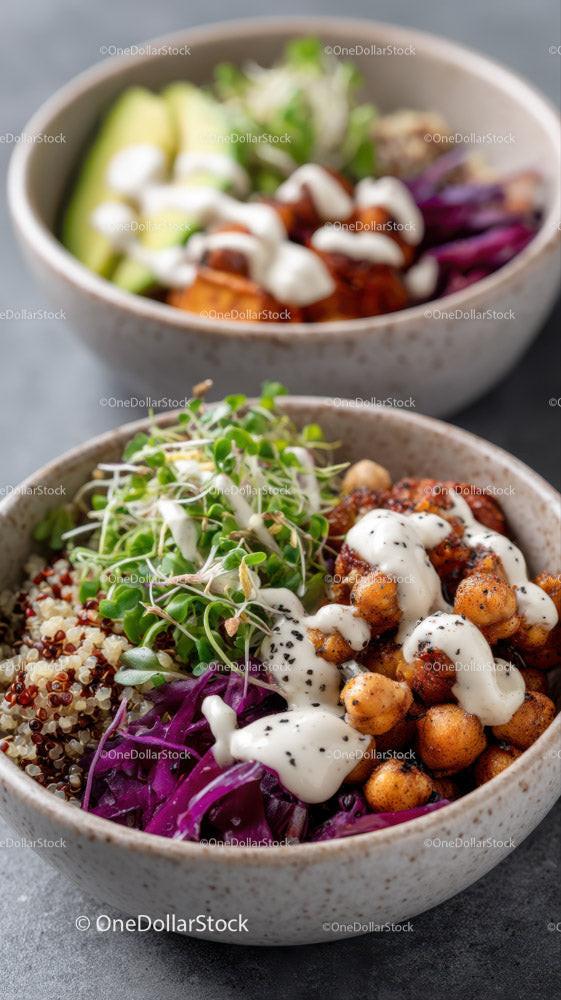 stock photo bundle made with Colorful Quinoa Salad with Avocado Roasted Chickpeas and Microgreens Stock Photo Bundle