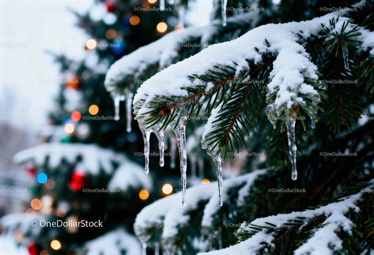Snowy pine branch with icicles and festive lights