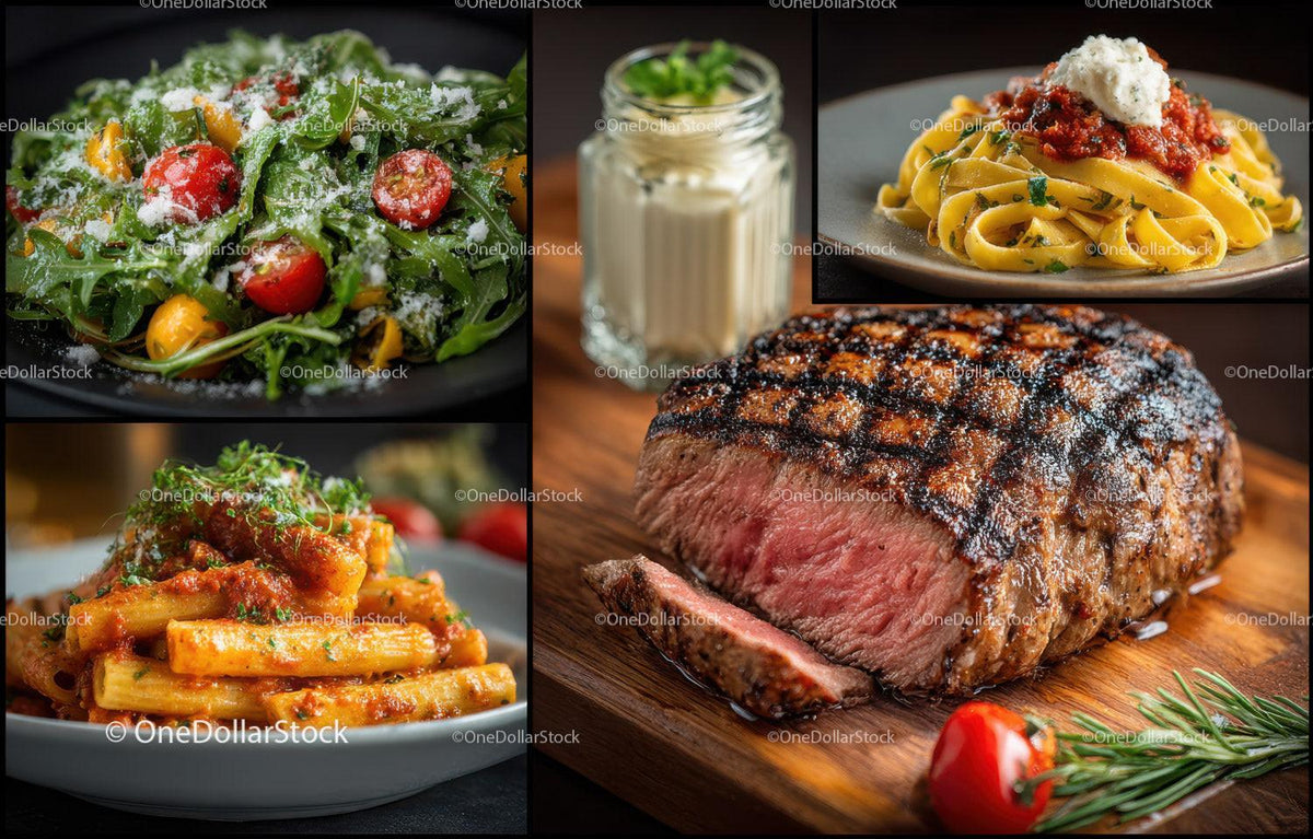 Delicious Italian Pasta and Juicy Grilled Steak with Fresh Salad