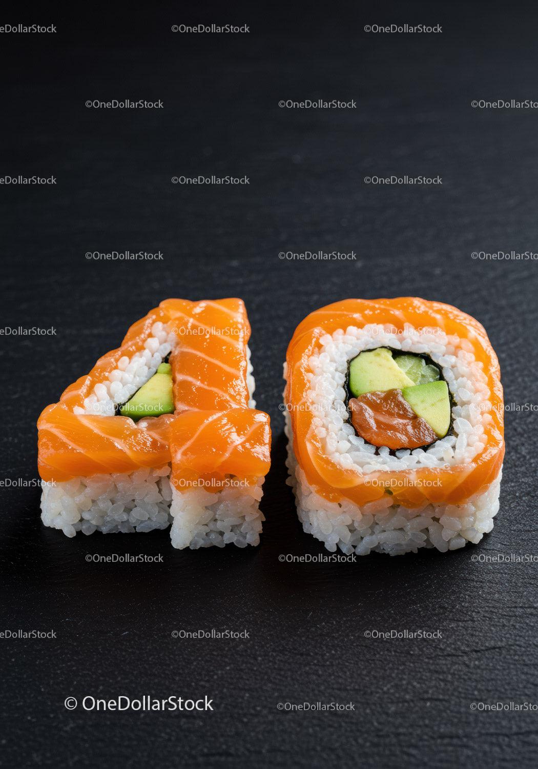 Sushi Rolls Forming Number Forty on Black Surface