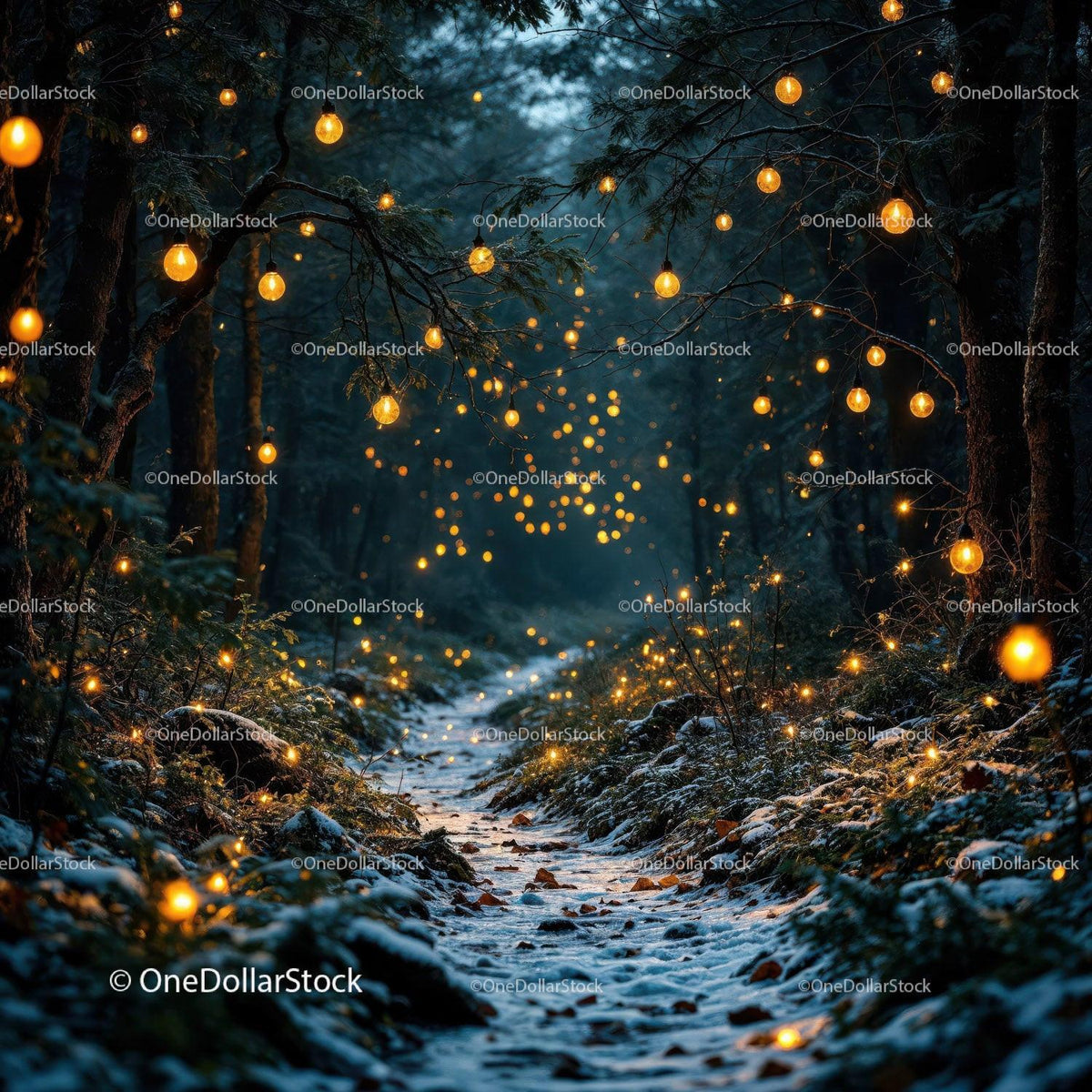 Enchanted forest path lit by warm glowing lanterns