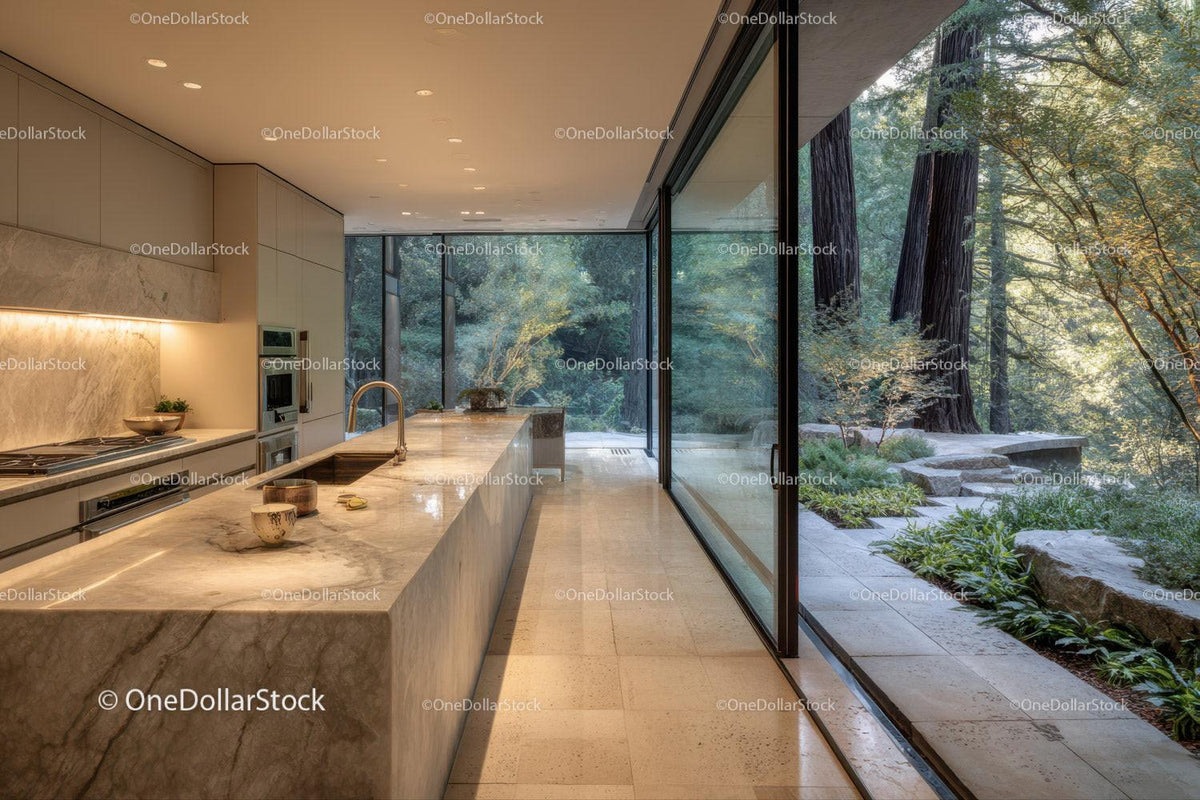 Modern Kitchen with Floor-to-Ceiling Glass Windows Overlooking Forest