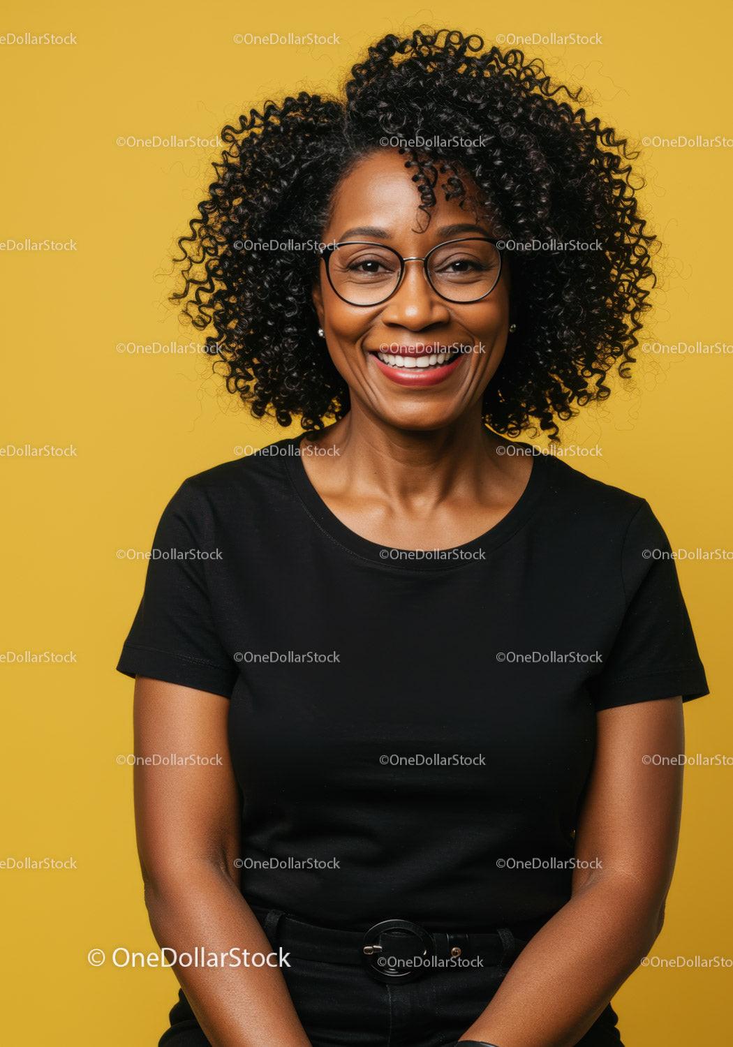 Joyful African American Woman with Afro Hairstyle and Glasses Portrait