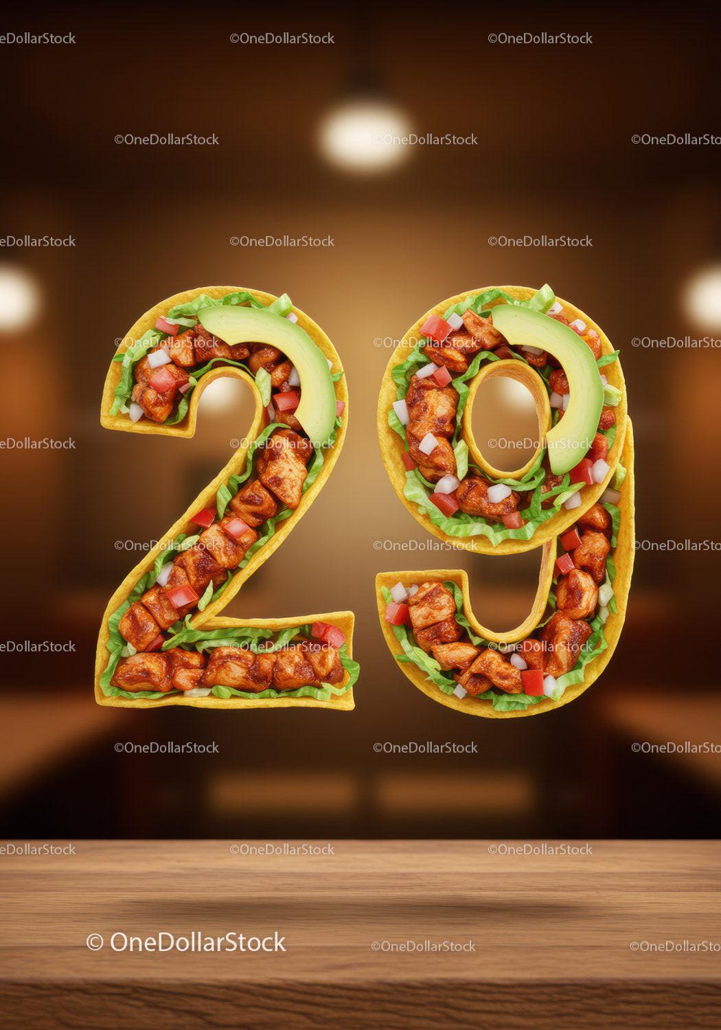 Number 29 Made of Mexican Taco Ingredients on Table