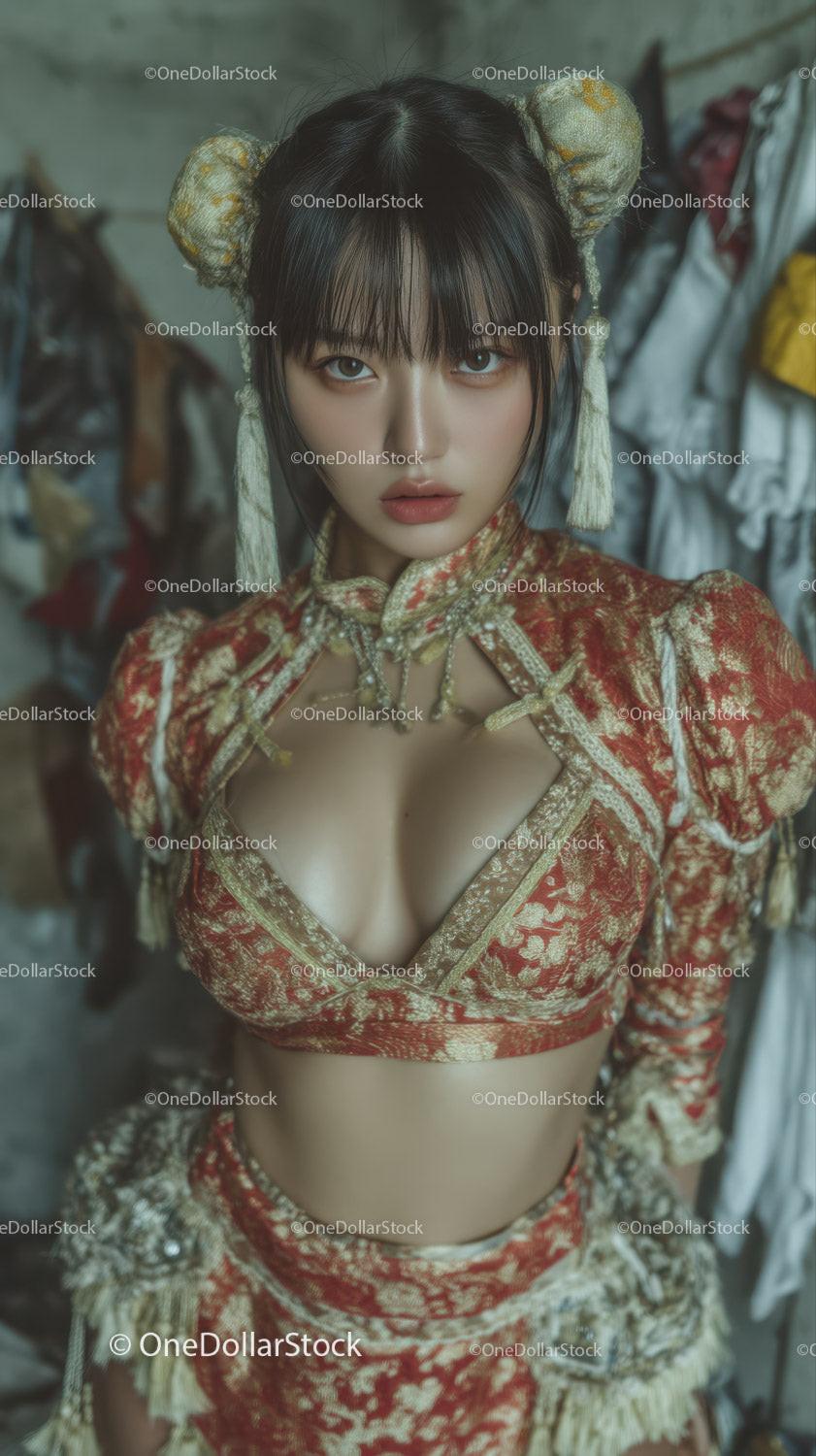 Elegant Woman in Red and Gold Brocade Dress with Unique Hairstyle