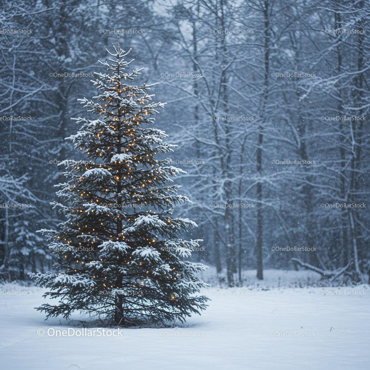 Snow-Covered Pine Tree with Warm Holiday Lights